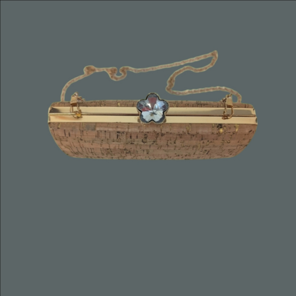 The Unbranded Brand Handbags - Bag  Cork with Gold Trim and Floral Crystal Clasp Crossbody Chain